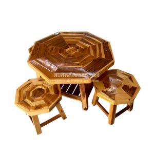 KI02 ชุดโต๊ะเด็ก 8 เหลี่ยม + เก้าอี้เหลี่ยม 4 ตัว ไม้สัก