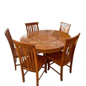 DI06 โต๊ะอาหารกลมไม้สัก มีฐานหมุน + 5 ที่นั่ง